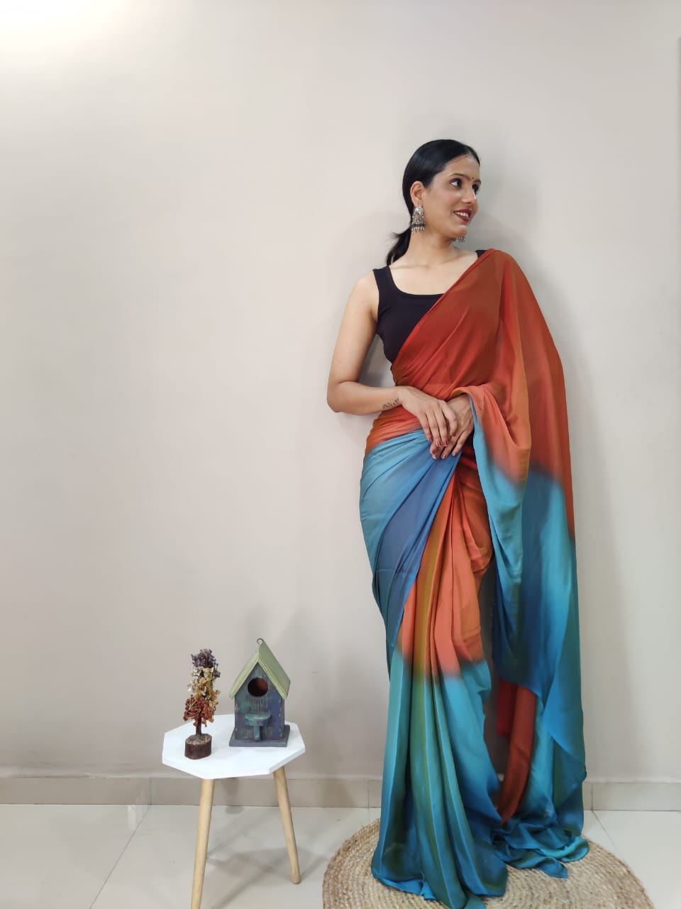 Ready To Wear Orange With Sky Color Shade Saree