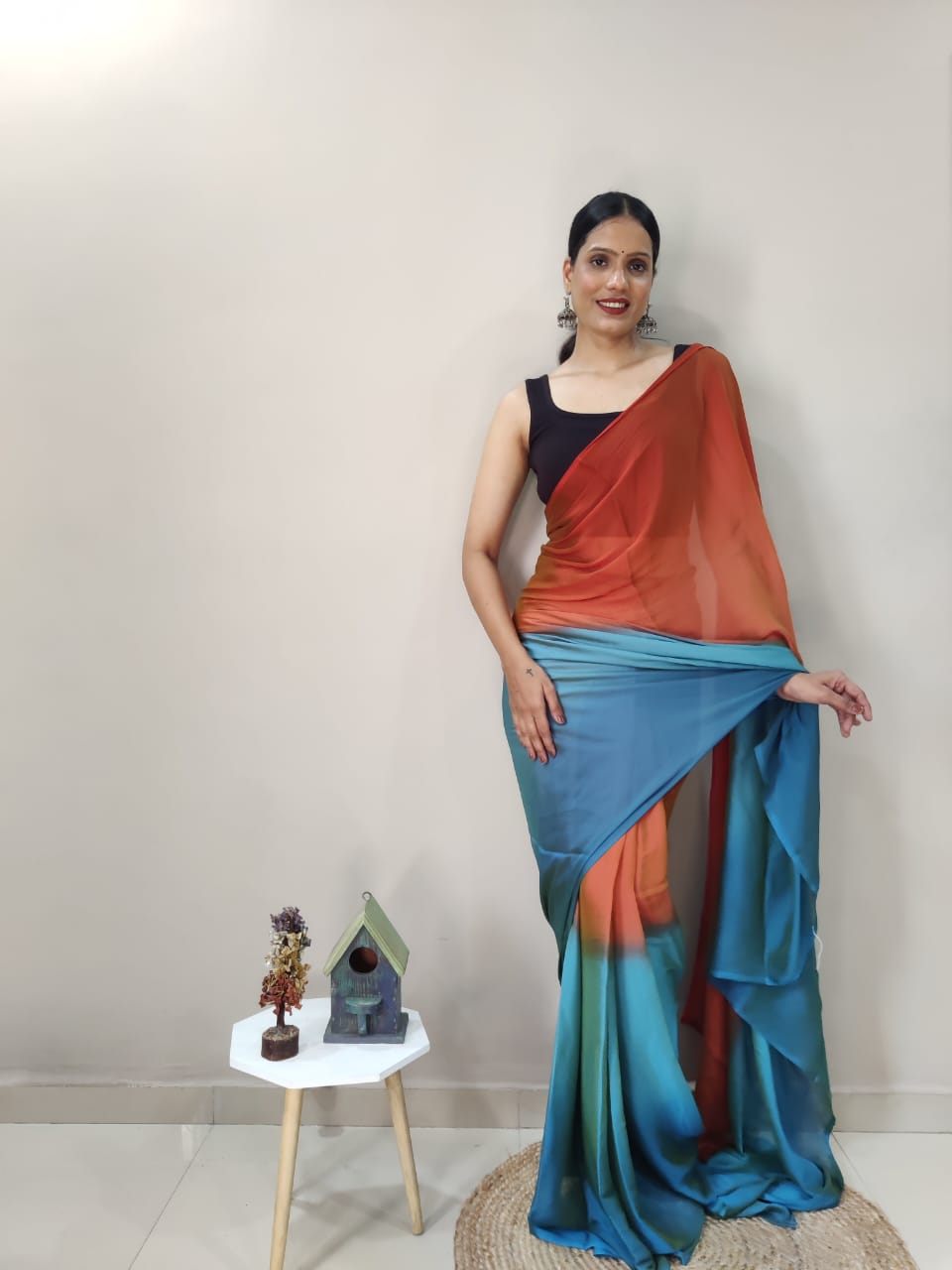 Ready To Wear Orange With Sky Color Shade Saree