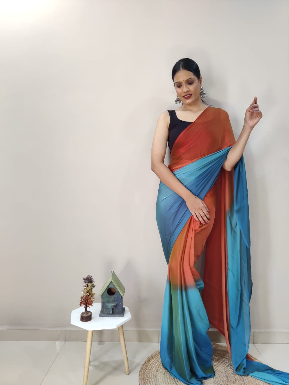 Ready To Wear Orange With Sky Color Shade Saree