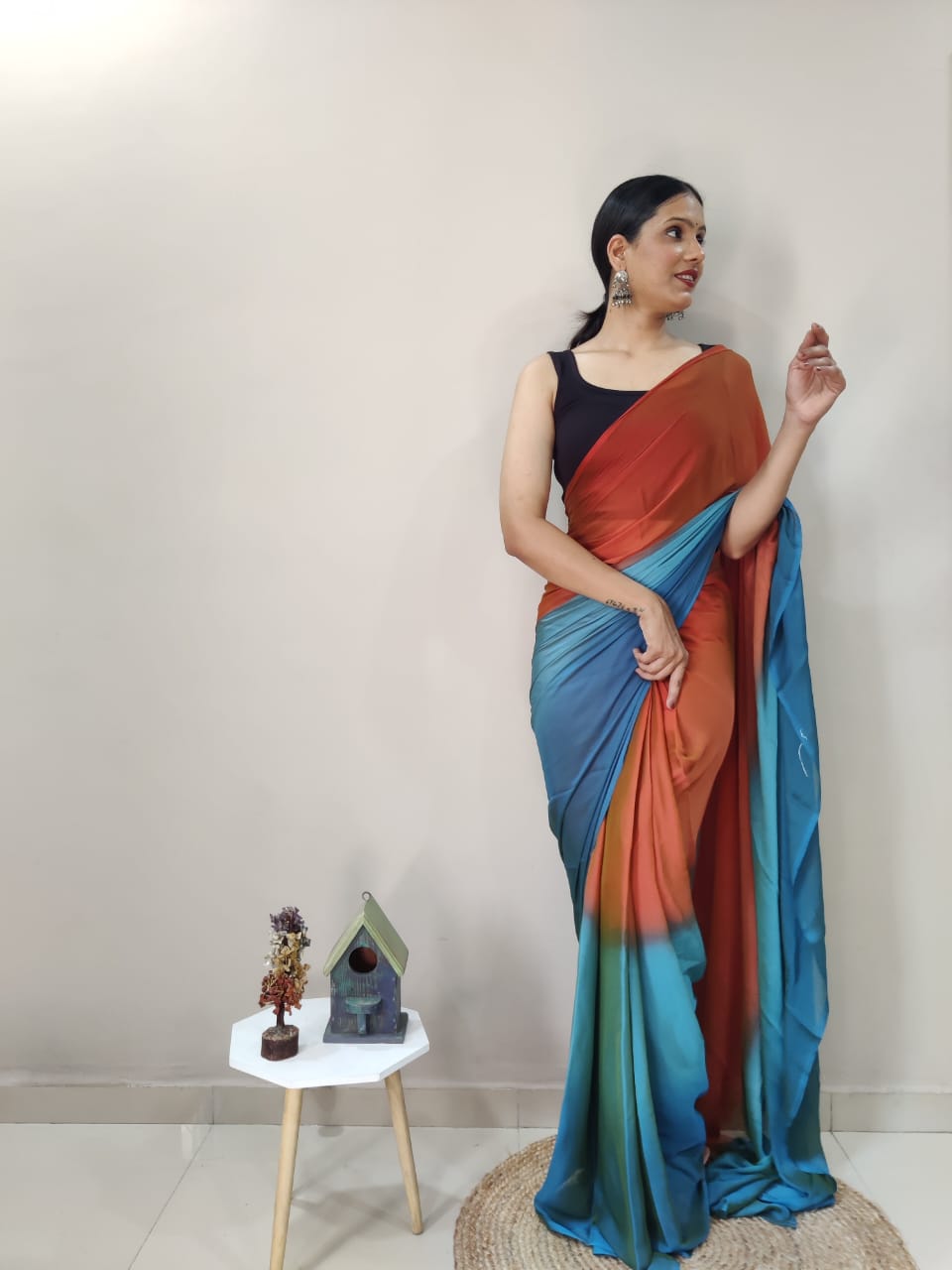 Ready To Wear Orange With Sky Color Shade Saree