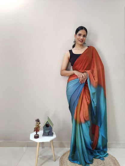 Ready To Wear Orange With Sky Color Shade Saree