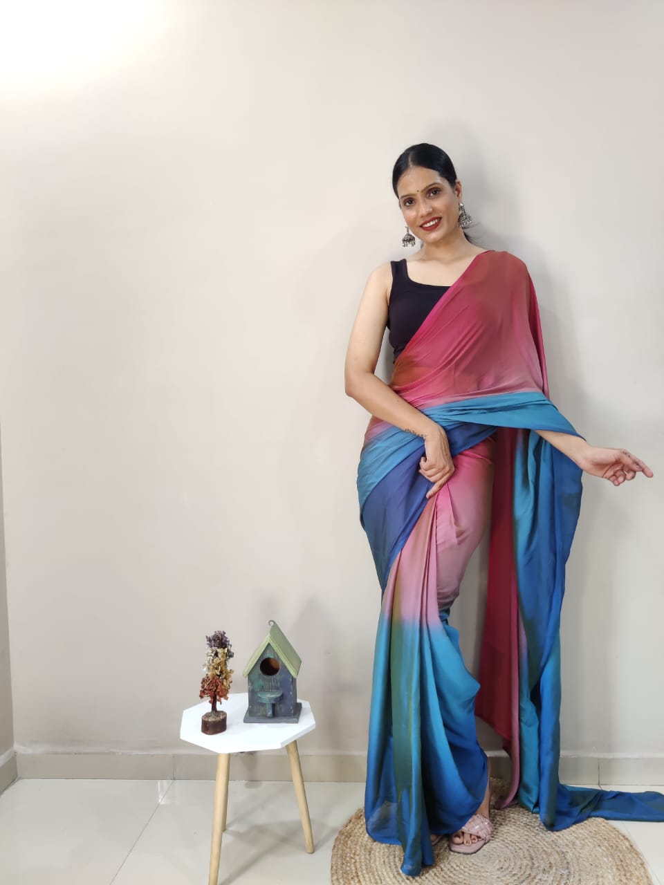 Ready To Wear Pink With Blue Color Shade Saree