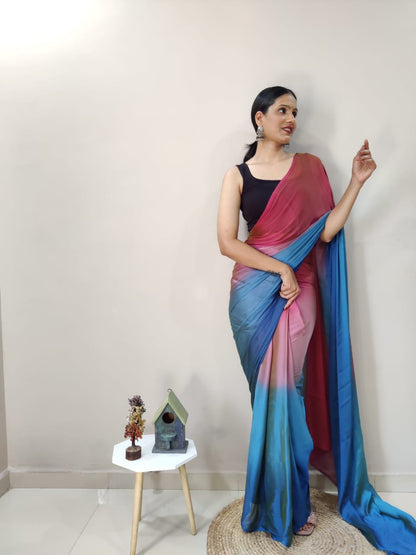 Ready To Wear Pink With Blue Color Shade Saree