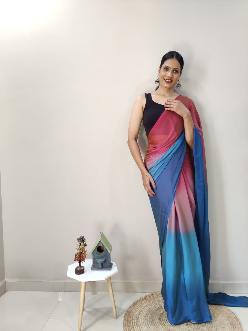 Ready To Wear Pink With Blue Color Shade Saree