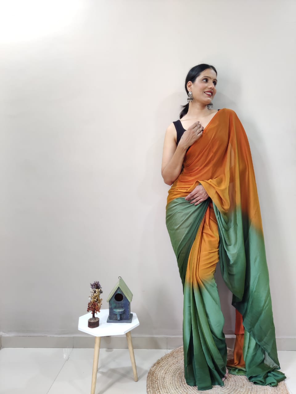 Ready To Wear Mustard With Green Color Shade Saree