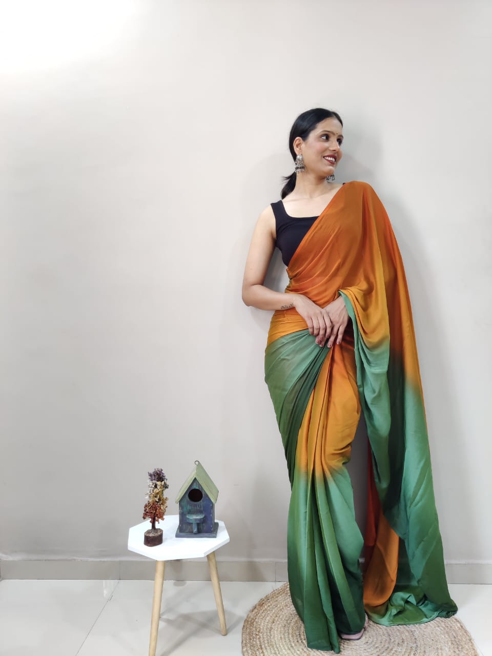 Ready To Wear Mustard With Green Color Shade Saree