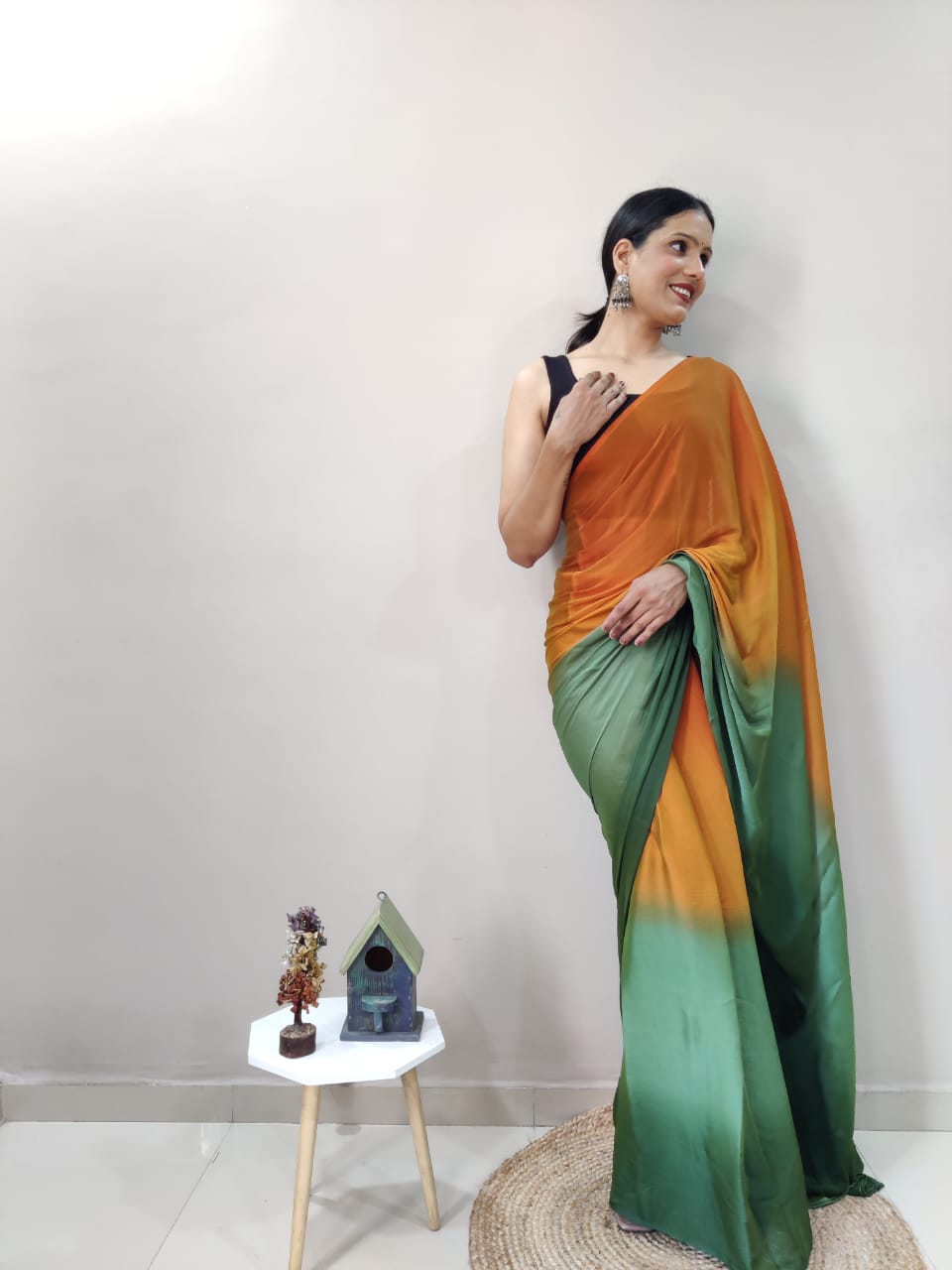 Ready To Wear Mustard With Green Color Shade Saree