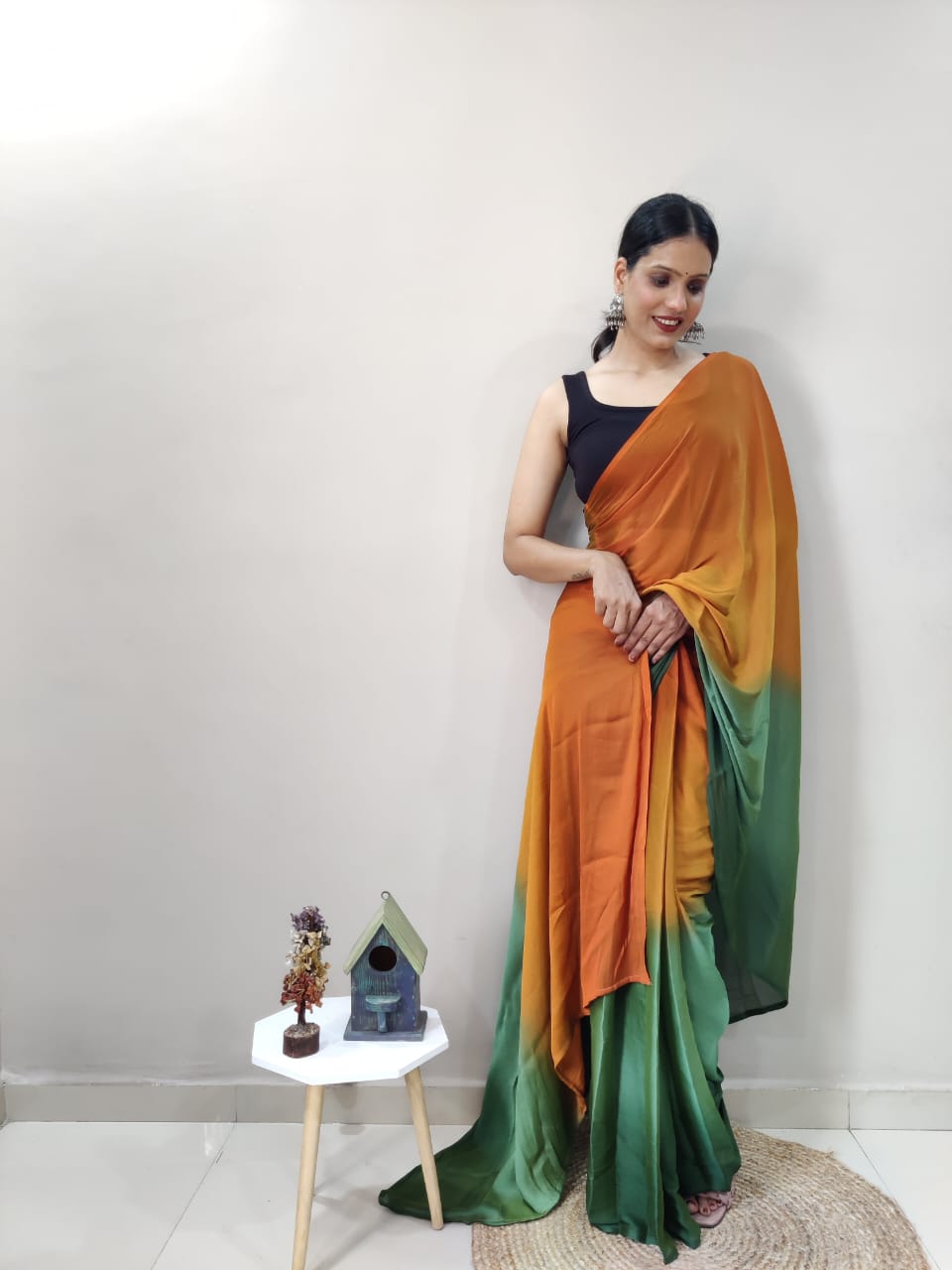 Ready To Wear Mustard With Green Color Shade Saree