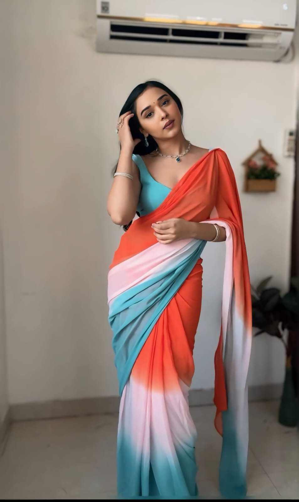 Innovative Orange With Sky Ready To Wear Saree