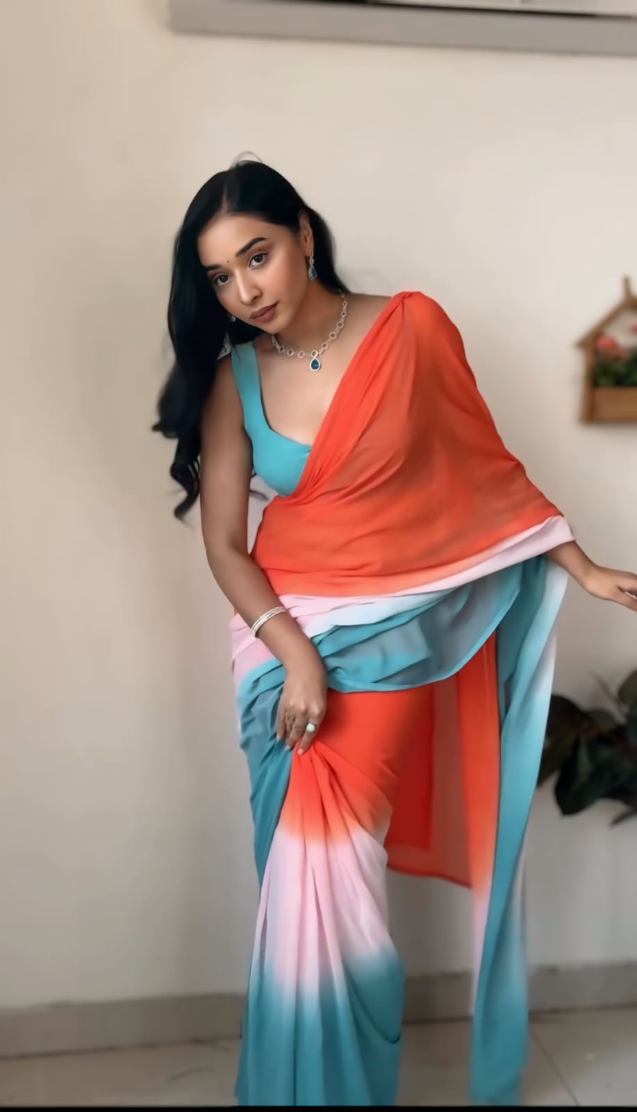 Innovative Orange With Sky Ready To Wear Saree