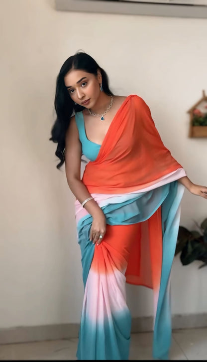 Innovative Orange With Sky Ready To Wear Saree