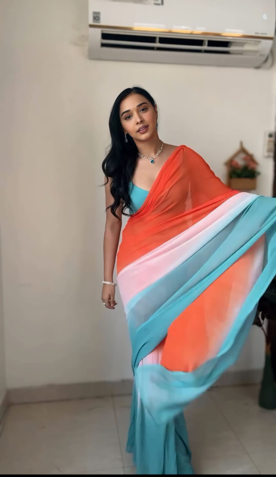 Innovative Orange With Sky Ready To Wear Saree