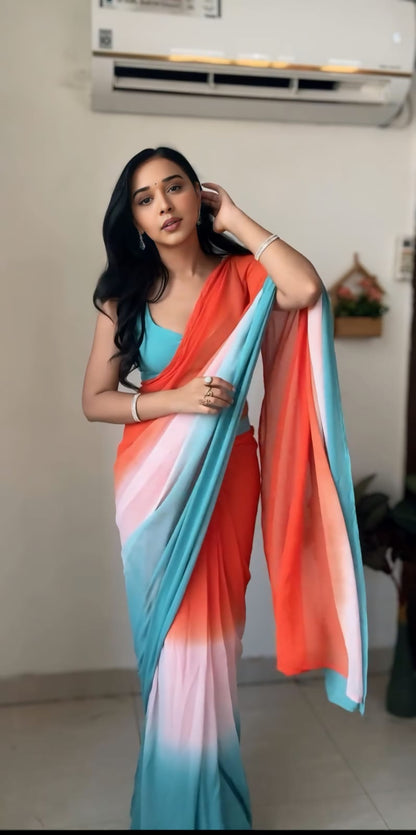 Innovative Orange With Sky Ready To Wear Saree