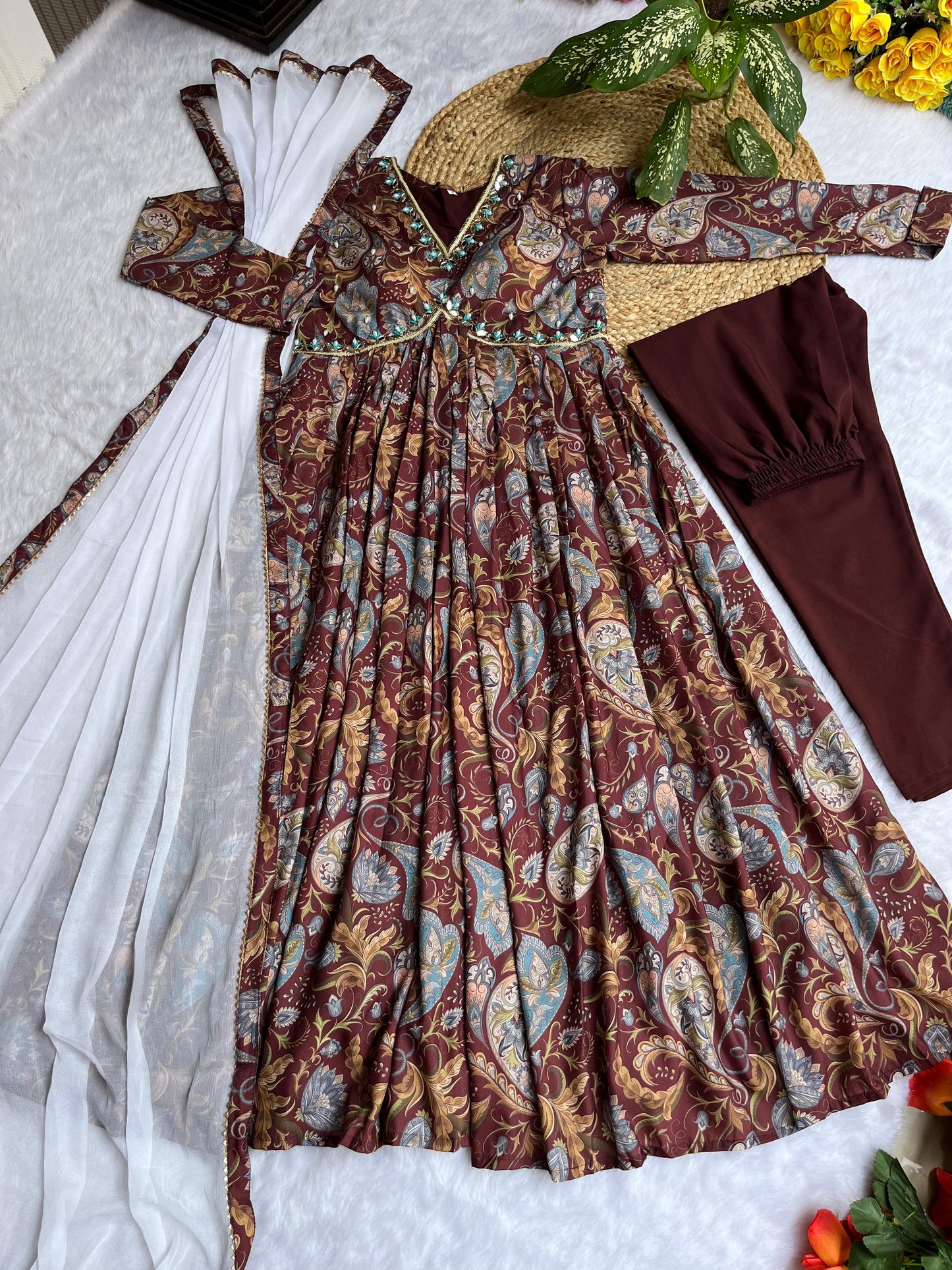 Beautiful Alia Cut Digital Print Brown Color Anarkali Suit