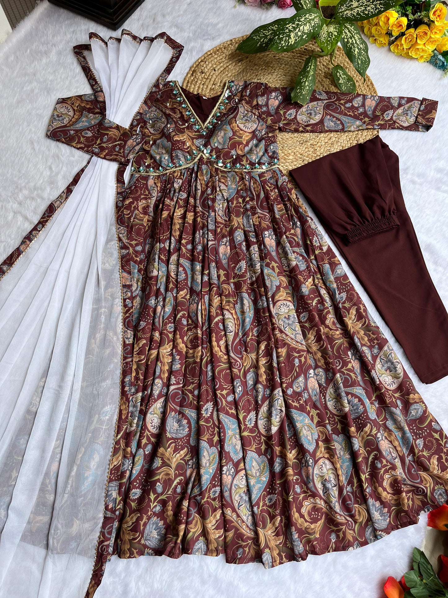 Beautiful Alia Cut Digital Print Brown Color Anarkali Suit