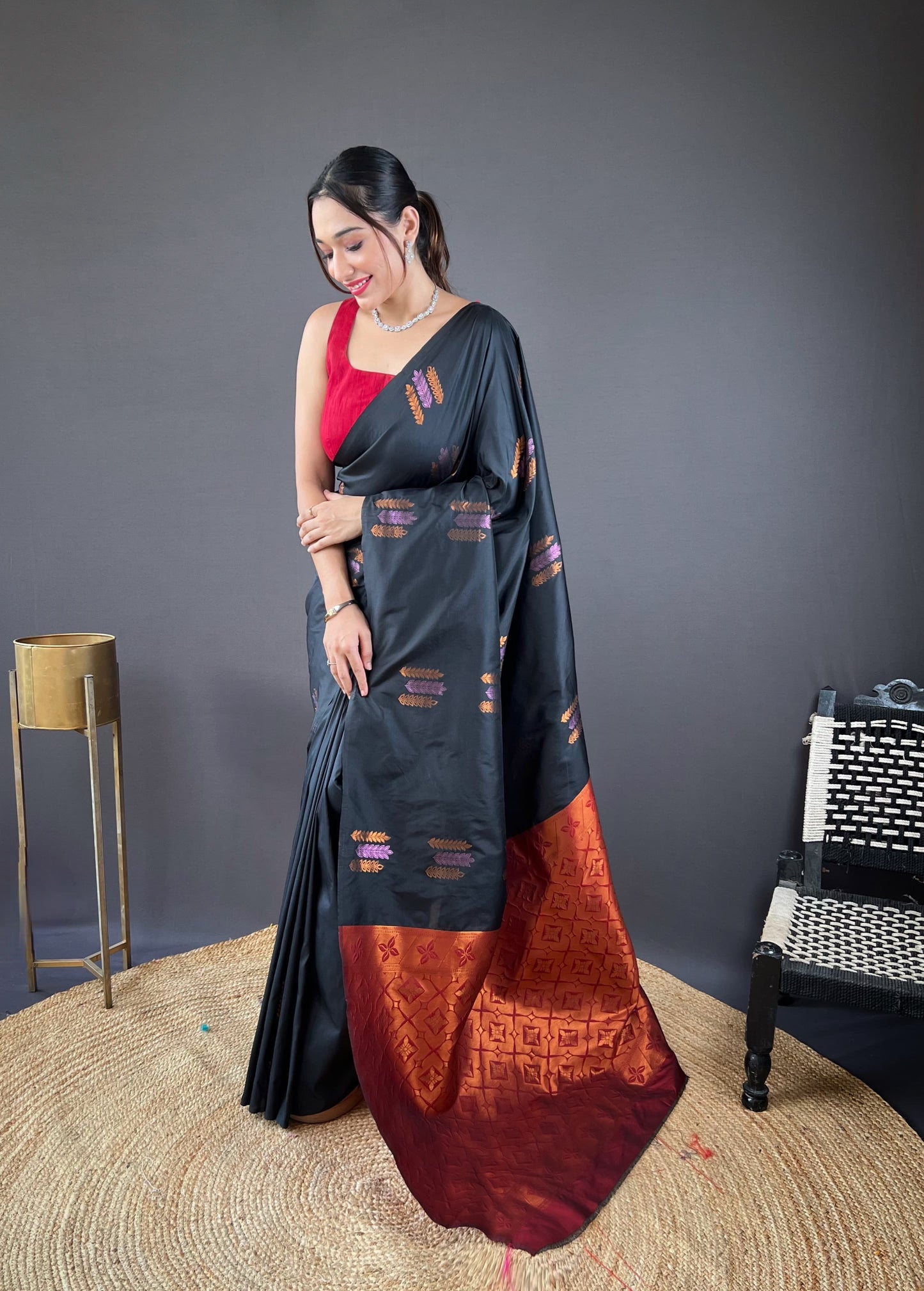 Black Color Copper Rich Weaving Pallu Shining Saree