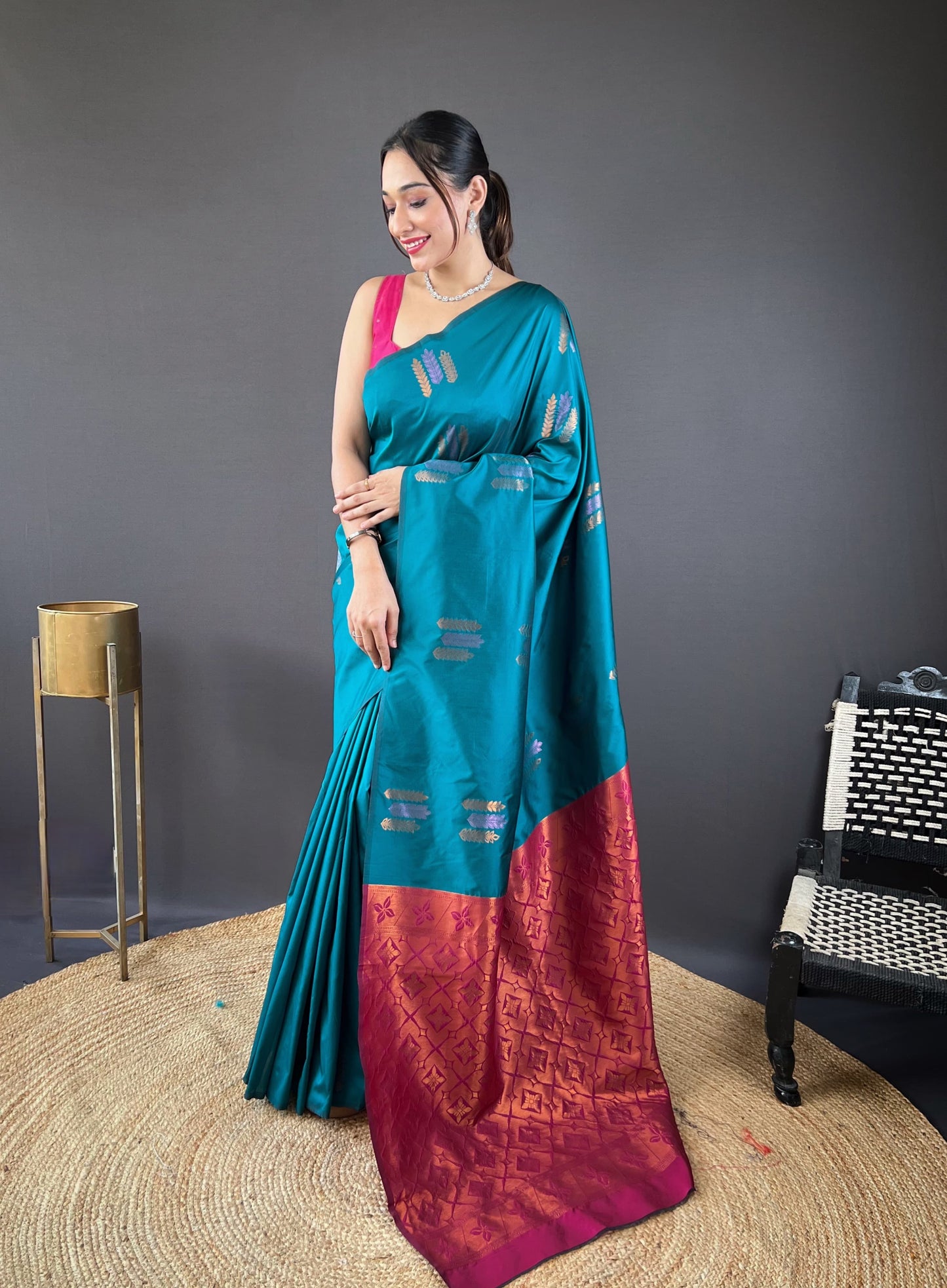 Teal Blue Color Copper Rich Weaving Pallu Shining Saree