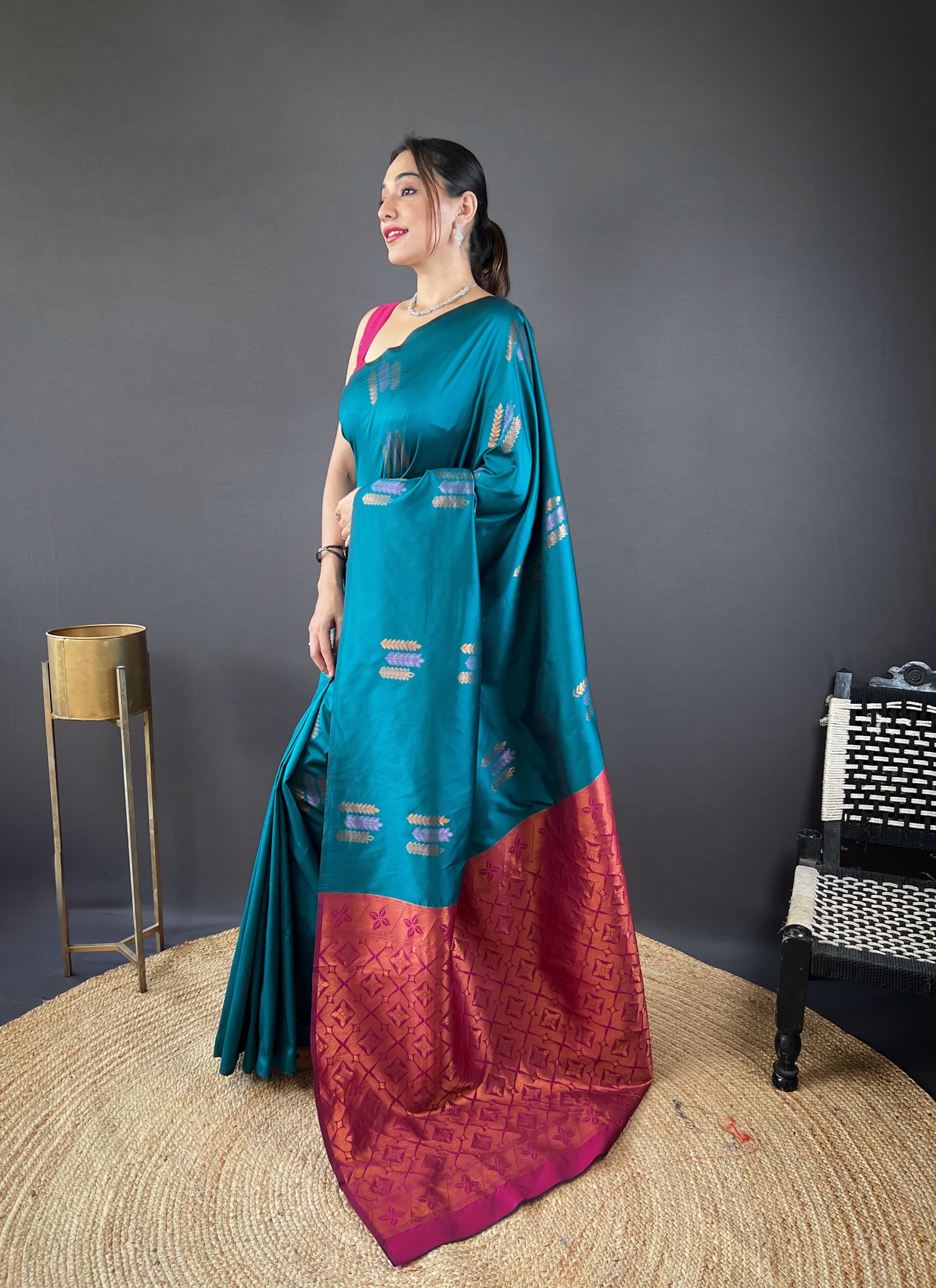 Teal Blue Color Copper Rich Weaving Pallu Shining Saree