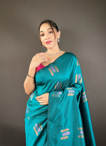 Teal Blue Color Copper Rich Weaving Pallu Shining Saree