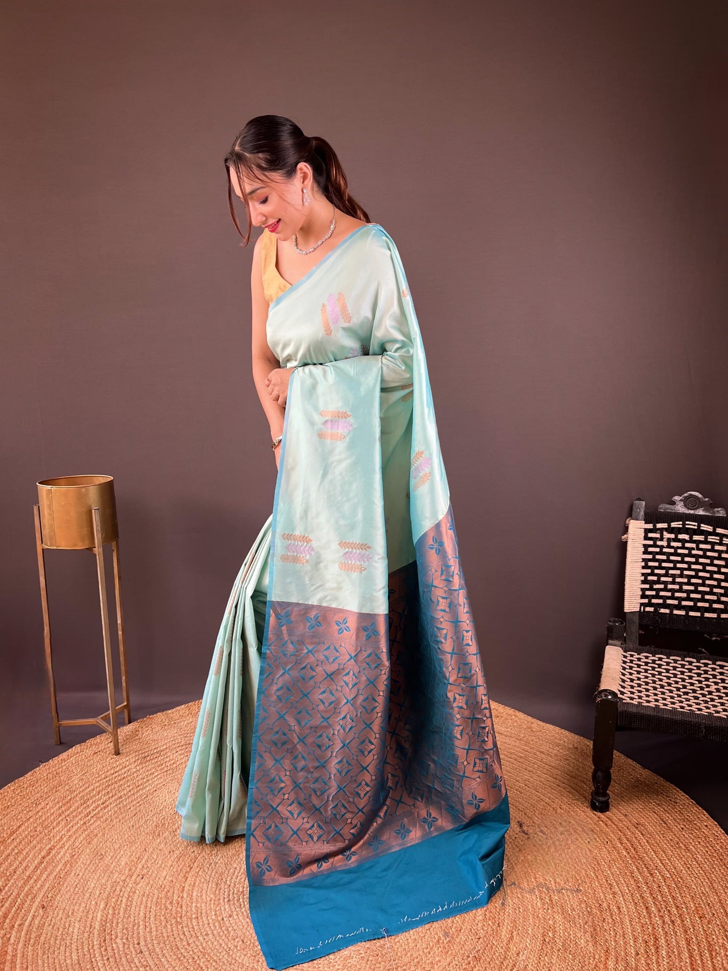 Sky Blue Color Copper Rich Weaving Pallu Shining Saree