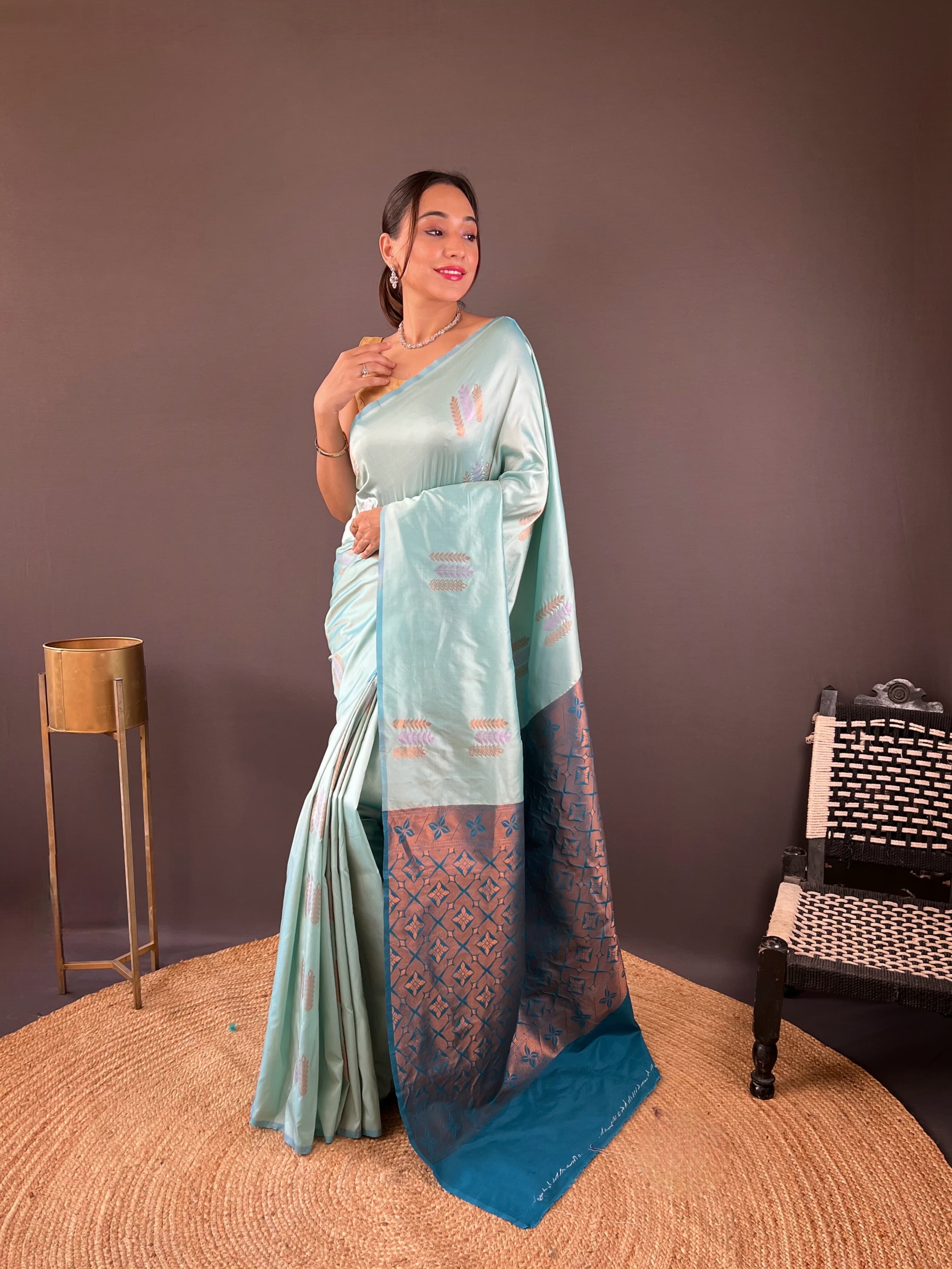 Sky Blue Color Copper Rich Weaving Pallu Shining Saree