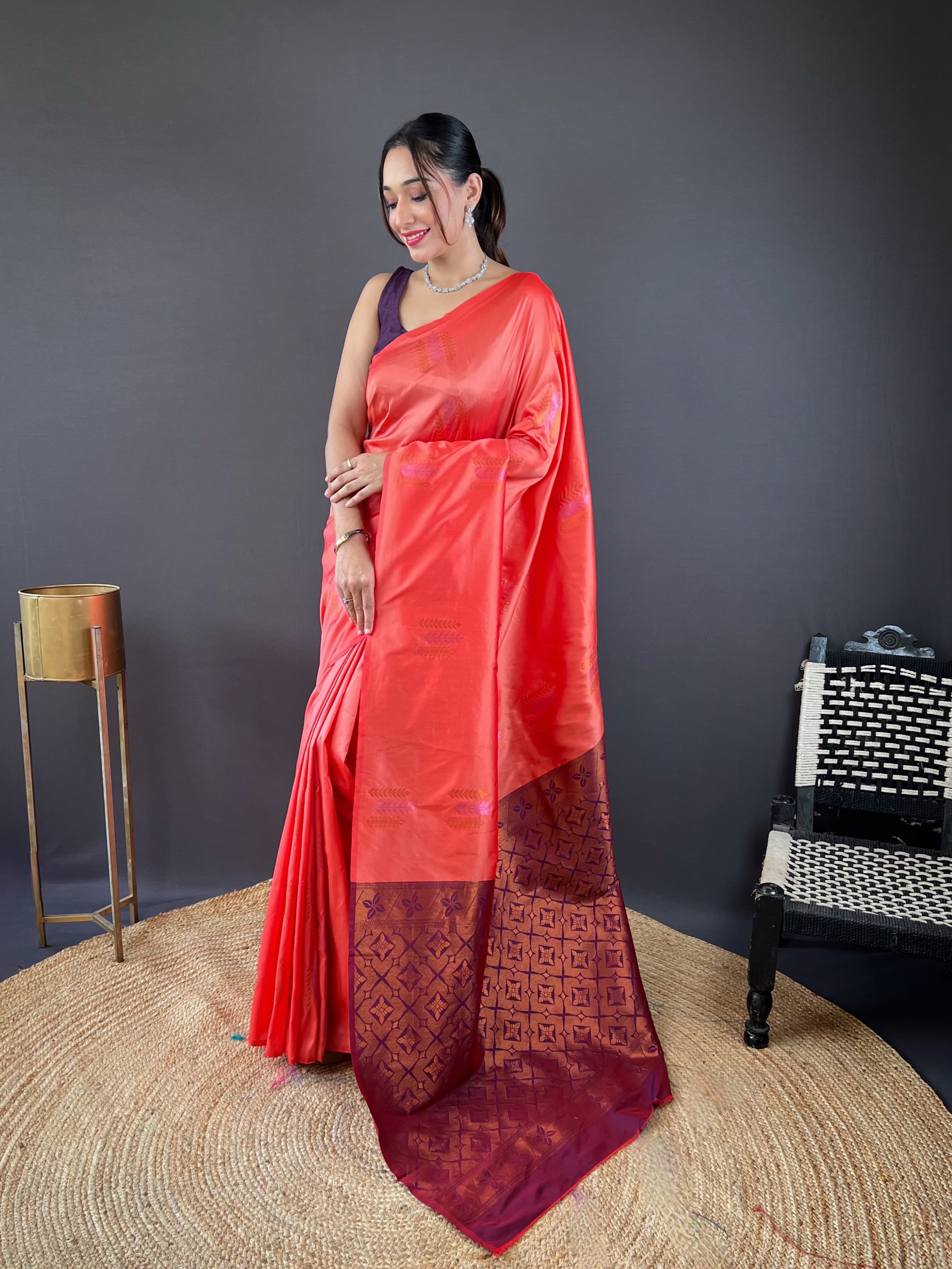 Red Color Copper Rich Weaving Pallu Shining Saree