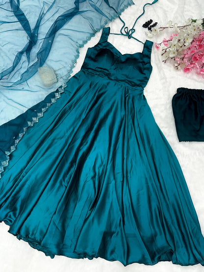 Shining Huge Flair Teal Blue Anarkali Suit