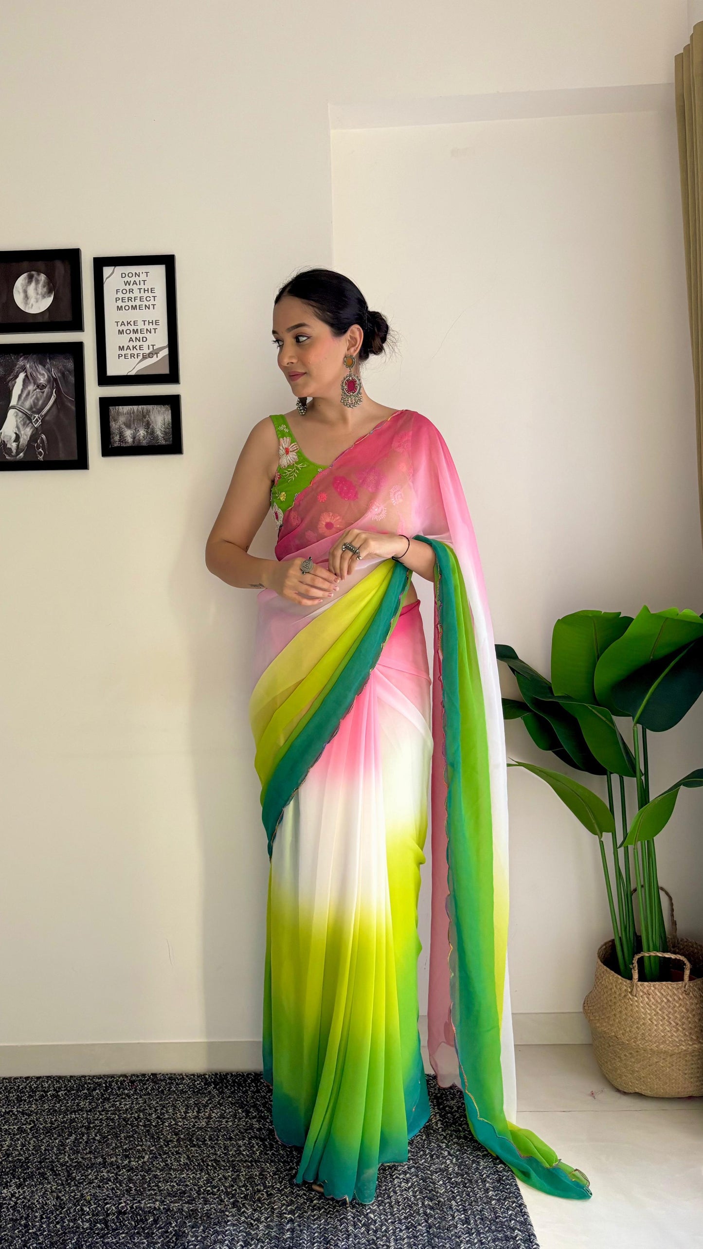 Parrot Green With Pink Shade Saree With Multi Work Blouse