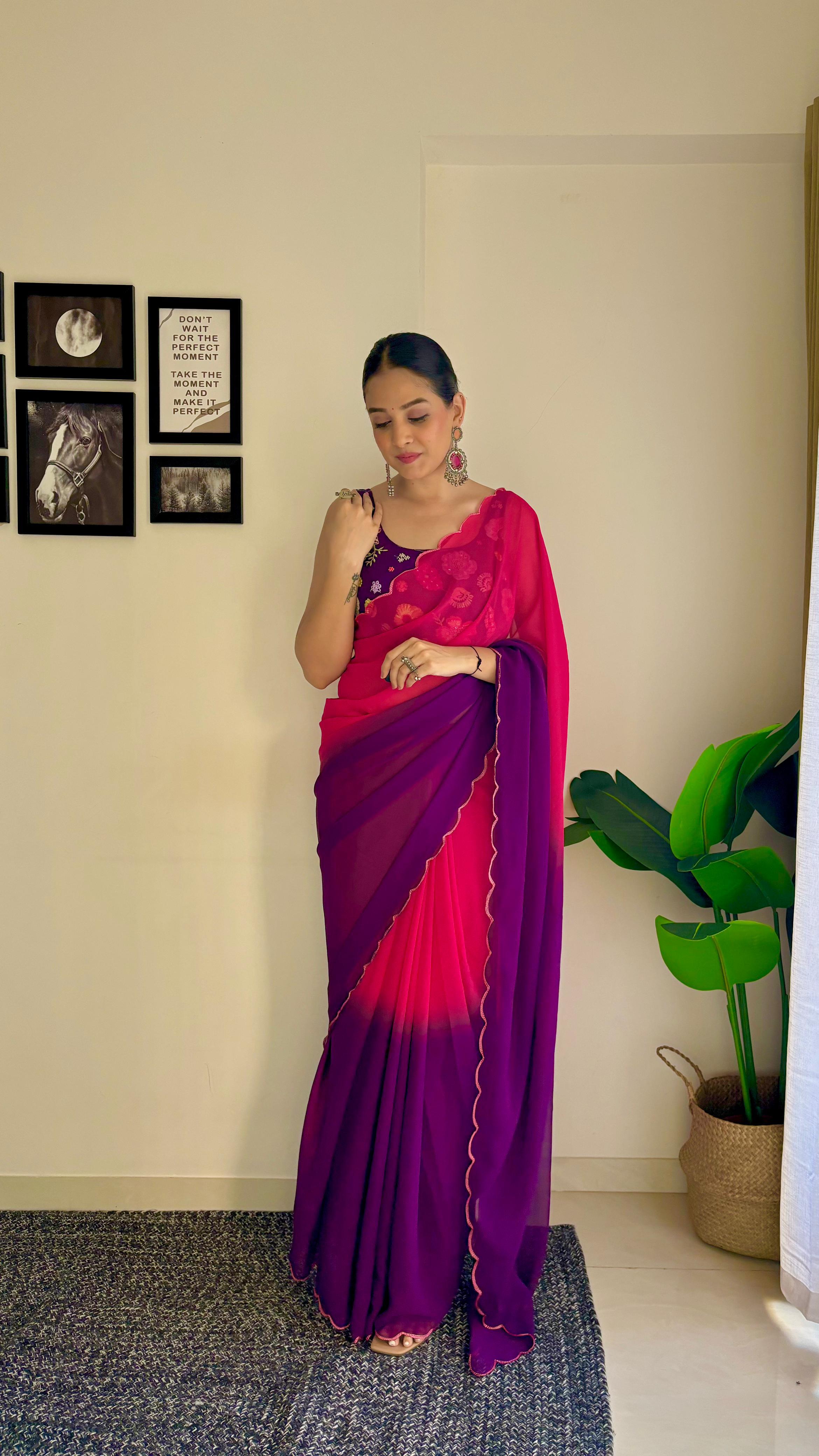 Purple With Pink Shade Saree With Multi Work Blouse