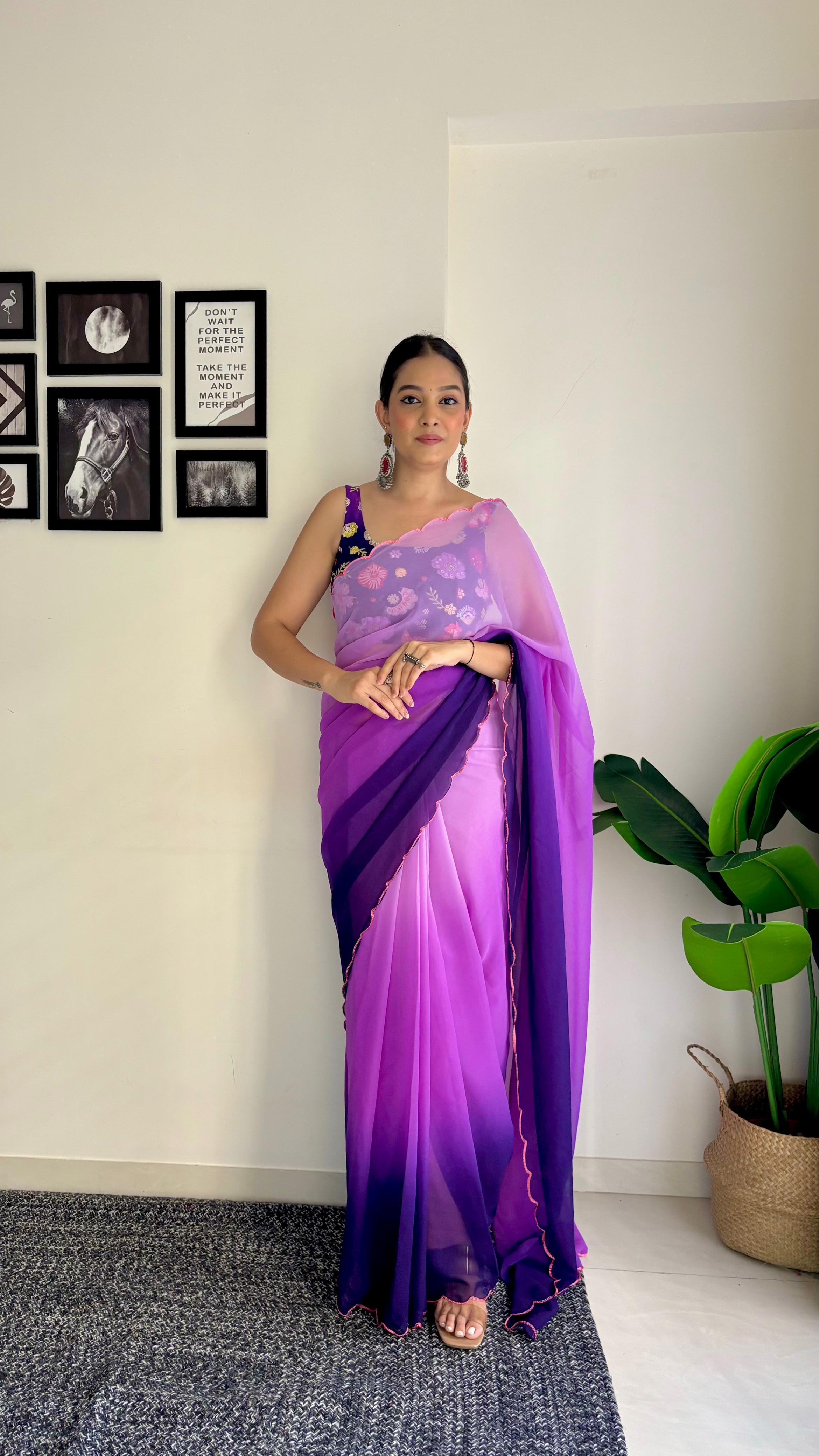 Purple With Lavender Shade Saree With Multi Work Blouse