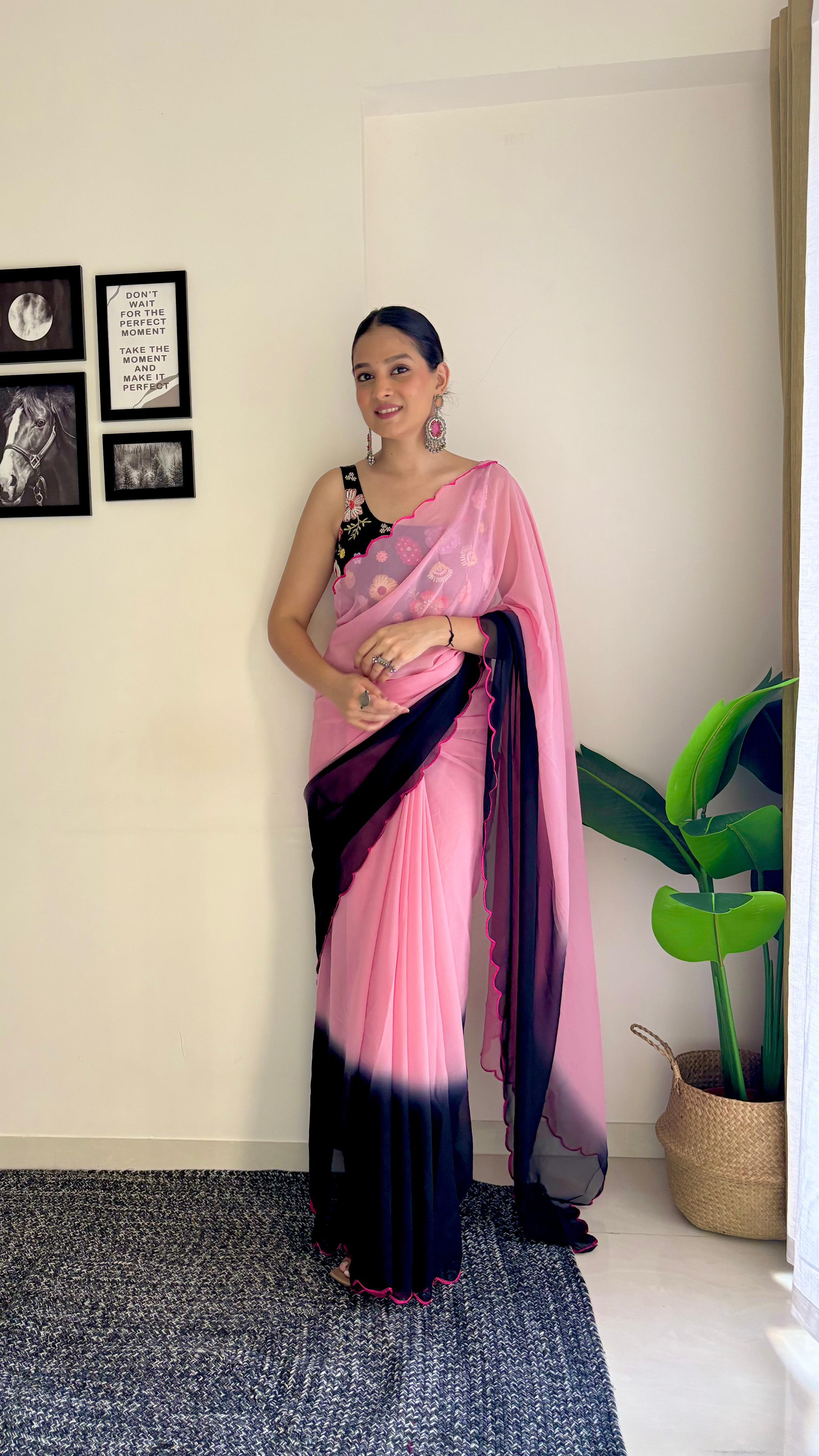 Light Pink With Black Shade Saree With Multi Work Blouse