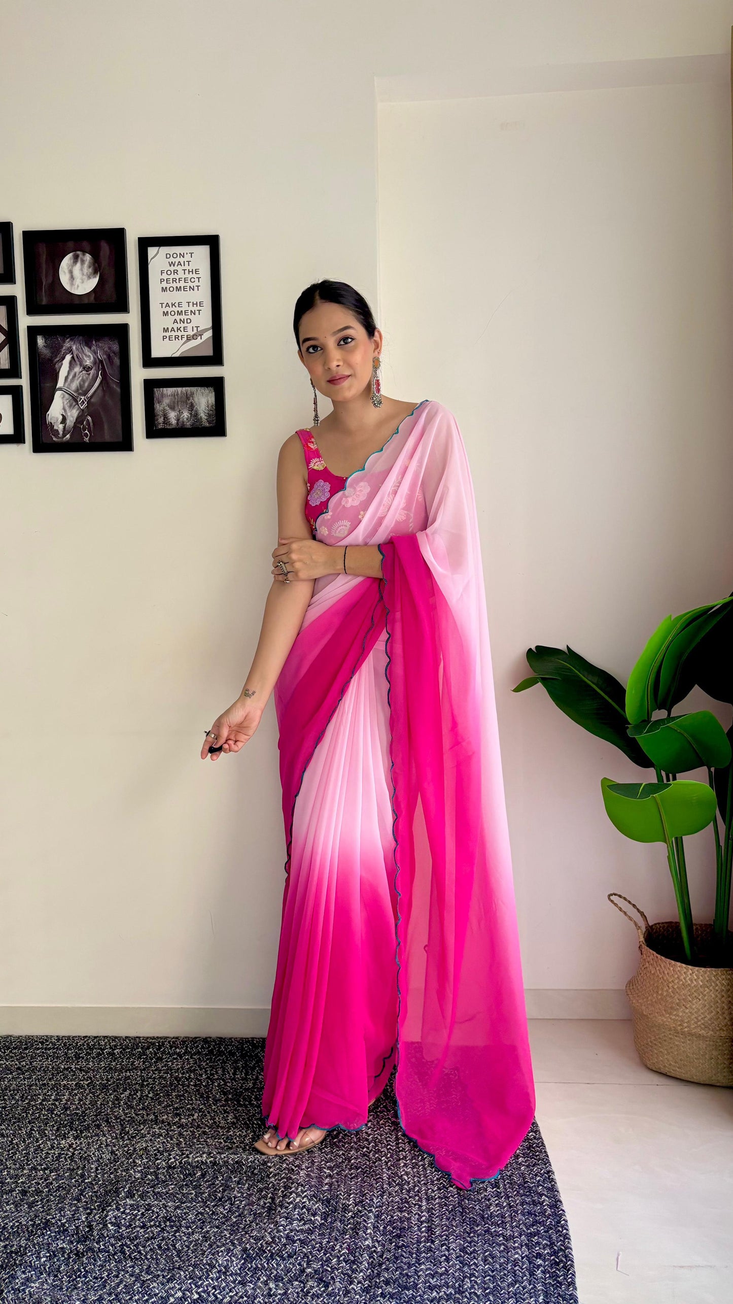 Light Pink With Pink Shade Saree With Multi Work Blouse