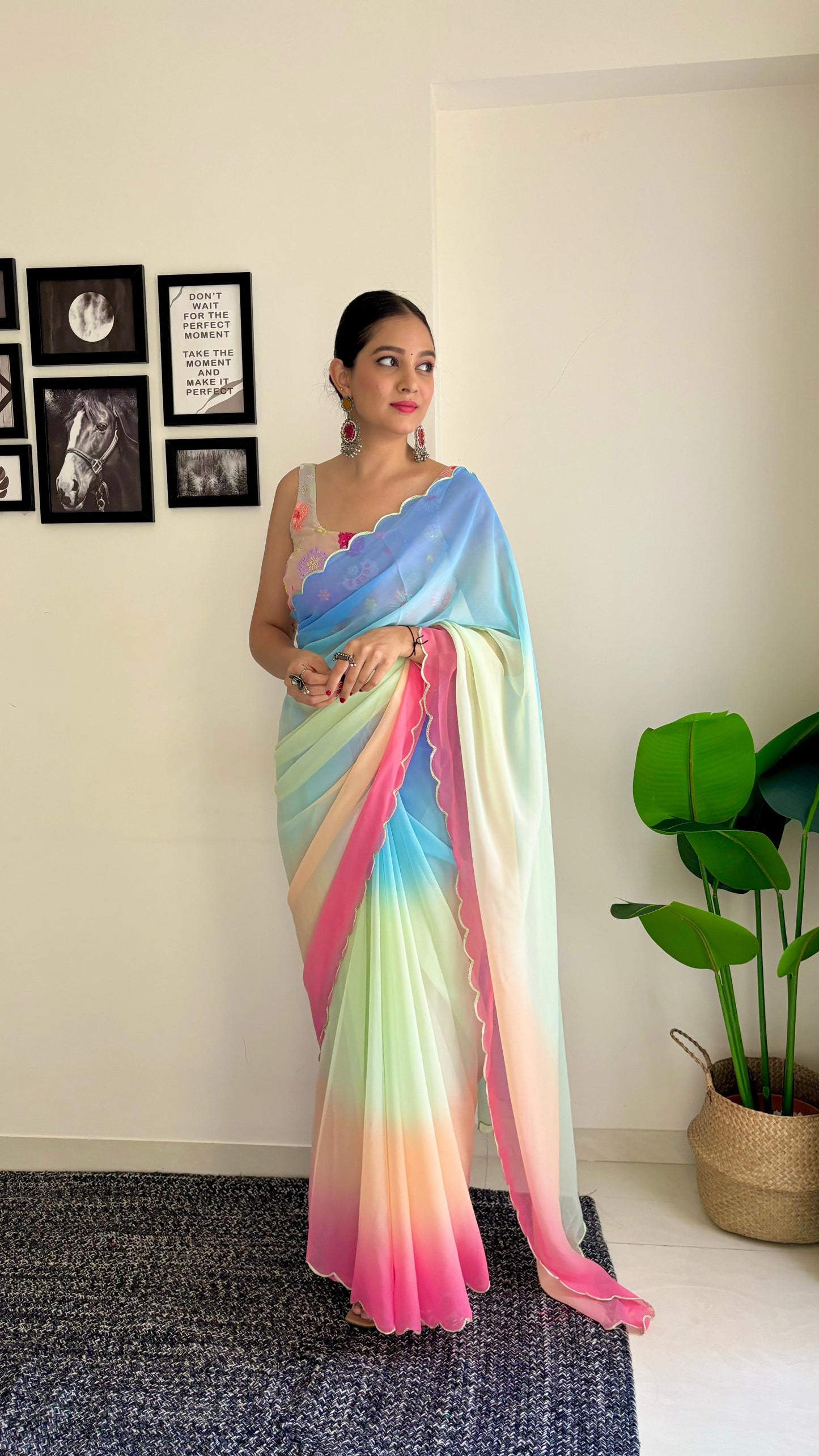 Sky With Multi Shade Saree With Multi Work Blouse