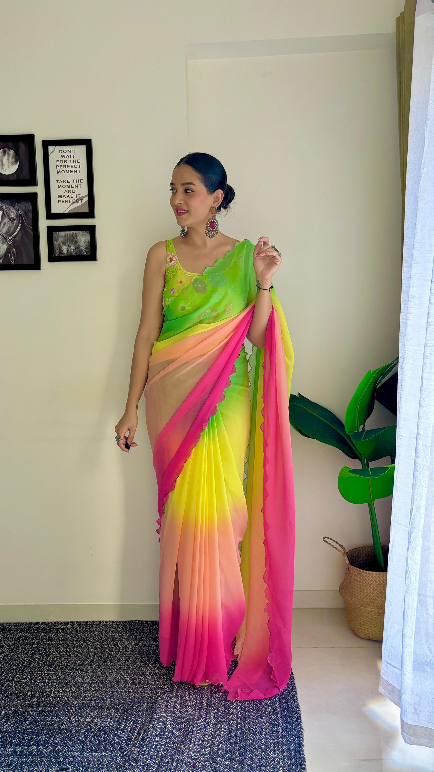 Pink With Parrot Green Shade Saree With Multi Work Blouse