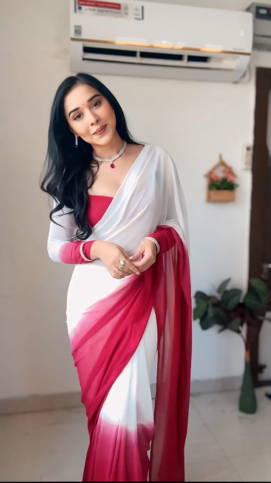 Fabulous White With Maroon Ready To Wear Saree