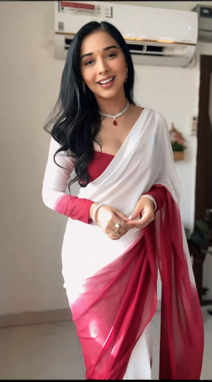 Fabulous White With Maroon Ready To Wear Saree