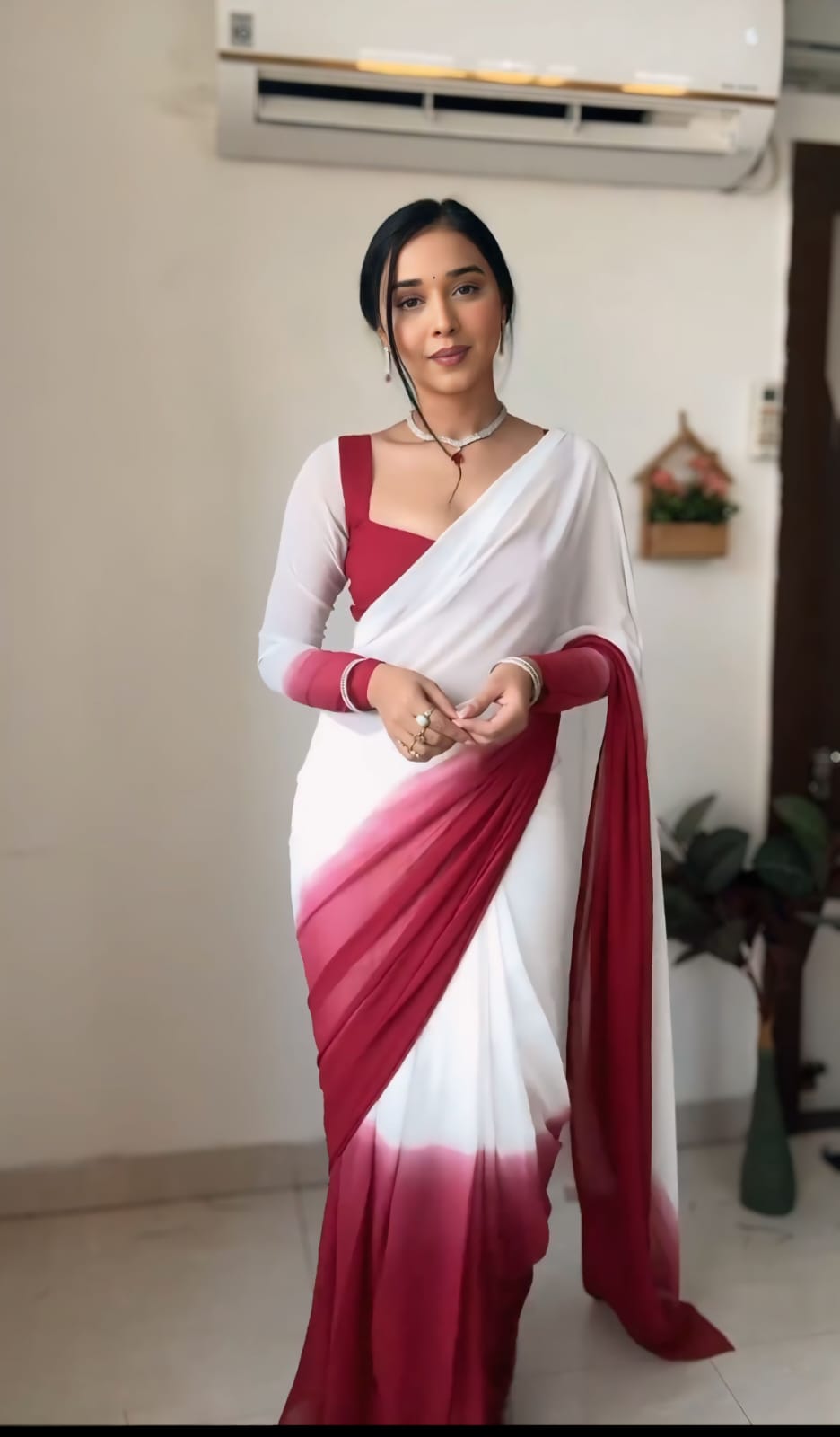 Fabulous White With Maroon Ready To Wear Saree