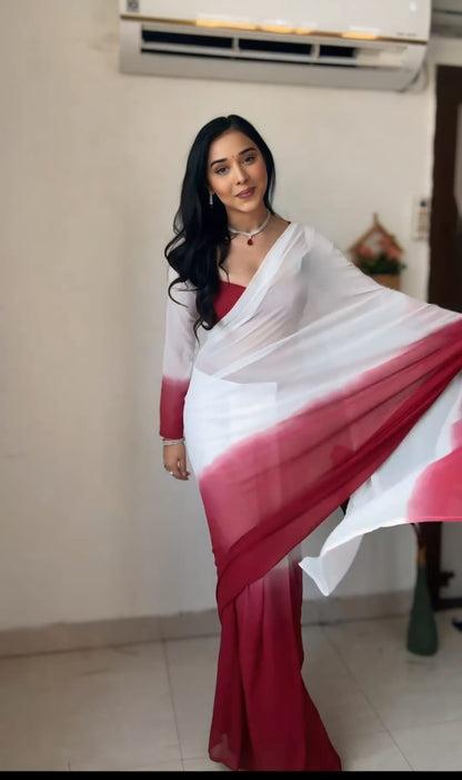 Fabulous White With Maroon Ready To Wear Saree