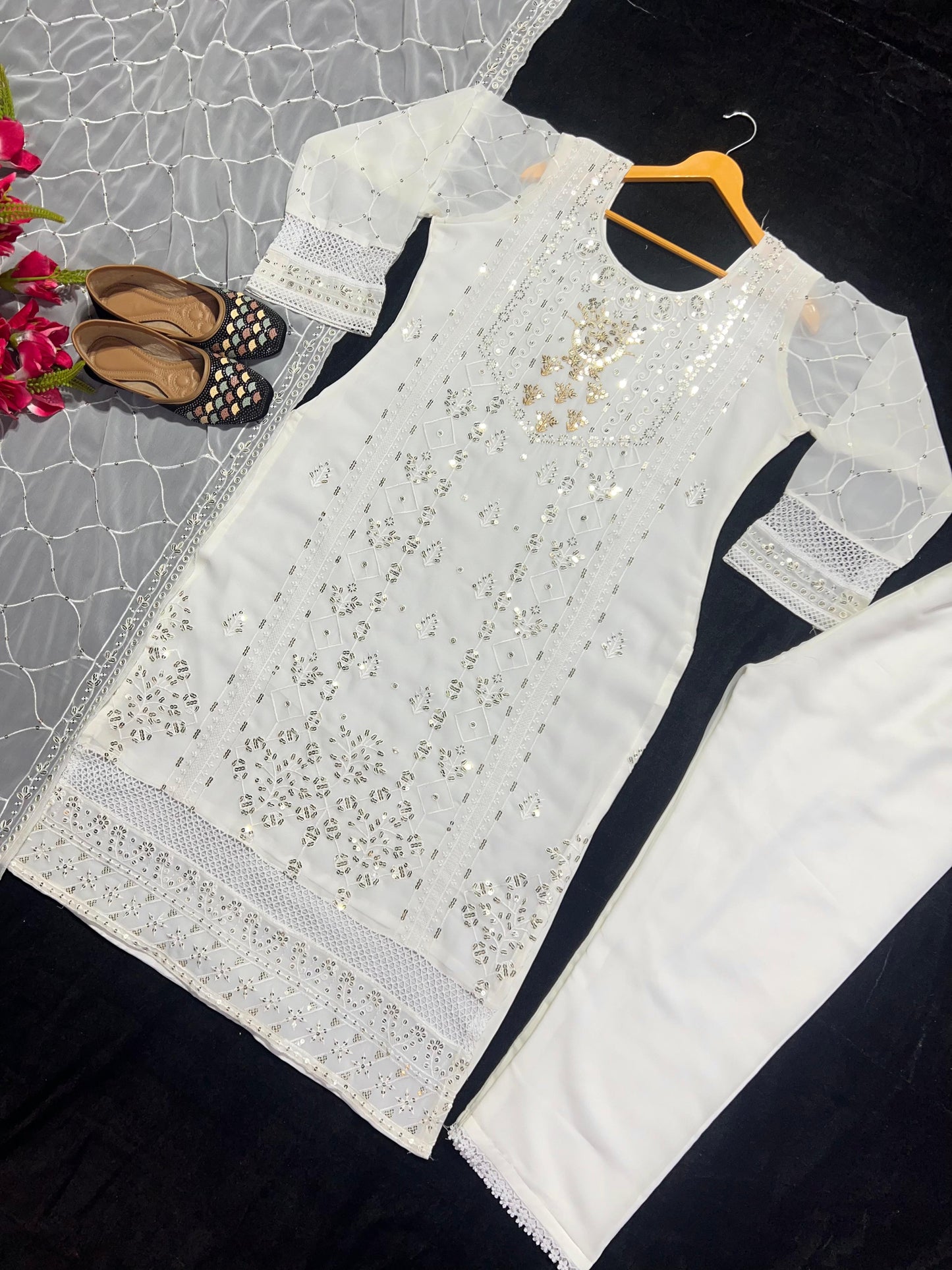 Fancy Multi Needle Work White Kurti Pant With Dupatta