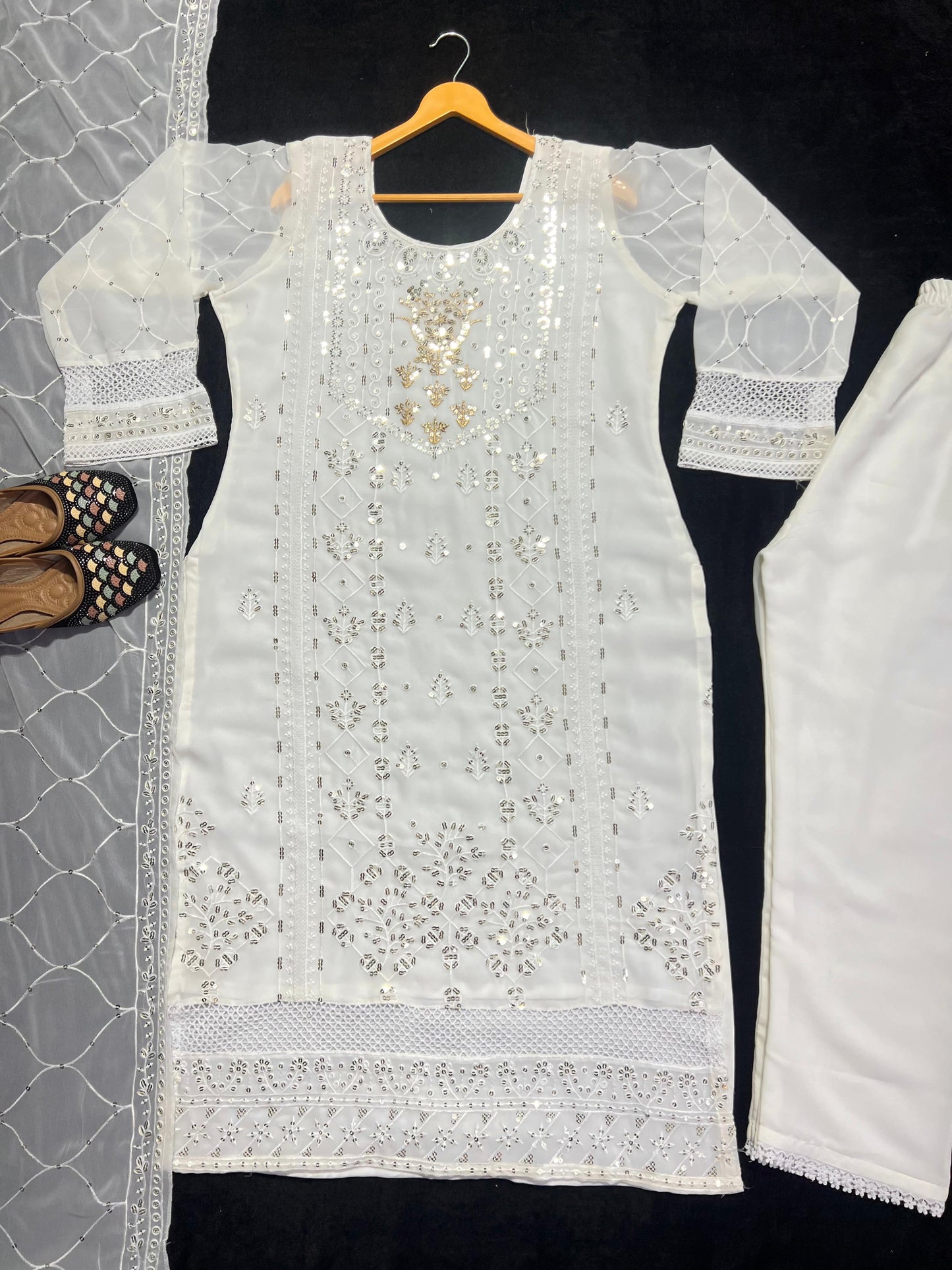 Fancy Multi Needle Work White Kurti Pant With Dupatta