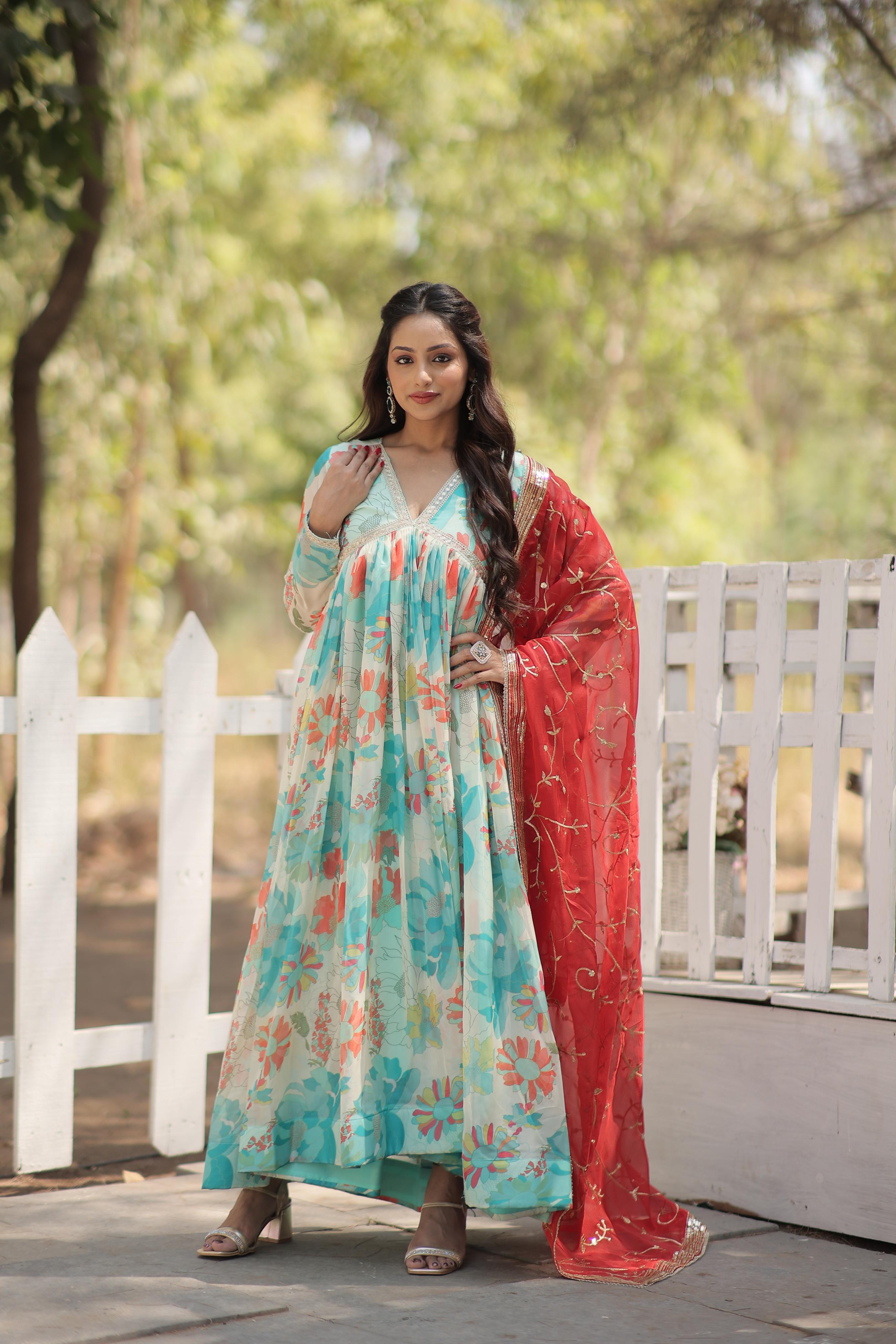 Flower Digital Print Alia Cut Sky Blue Anarkali Gown