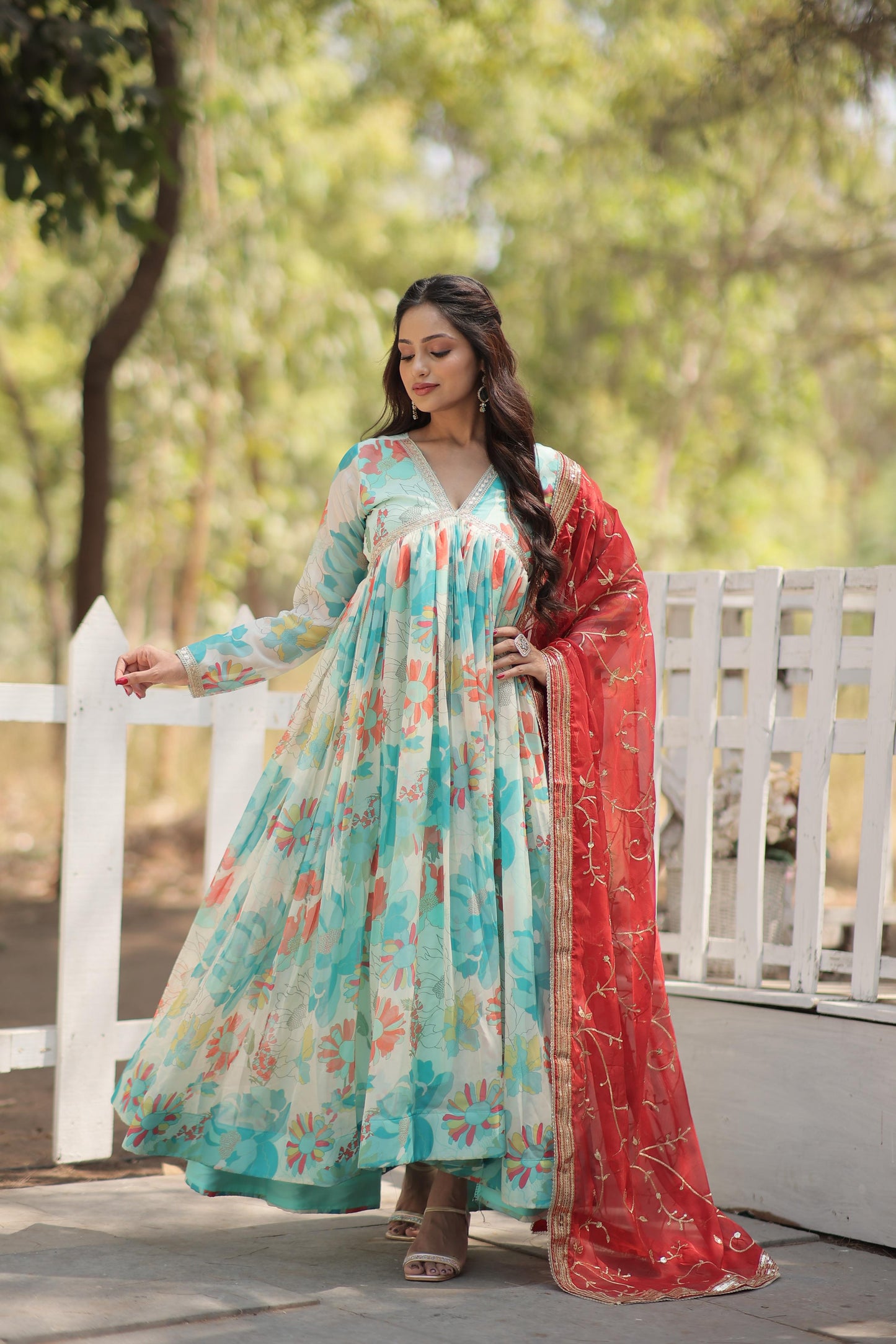 Flower Digital Print Alia Cut Sky Blue Anarkali Gown