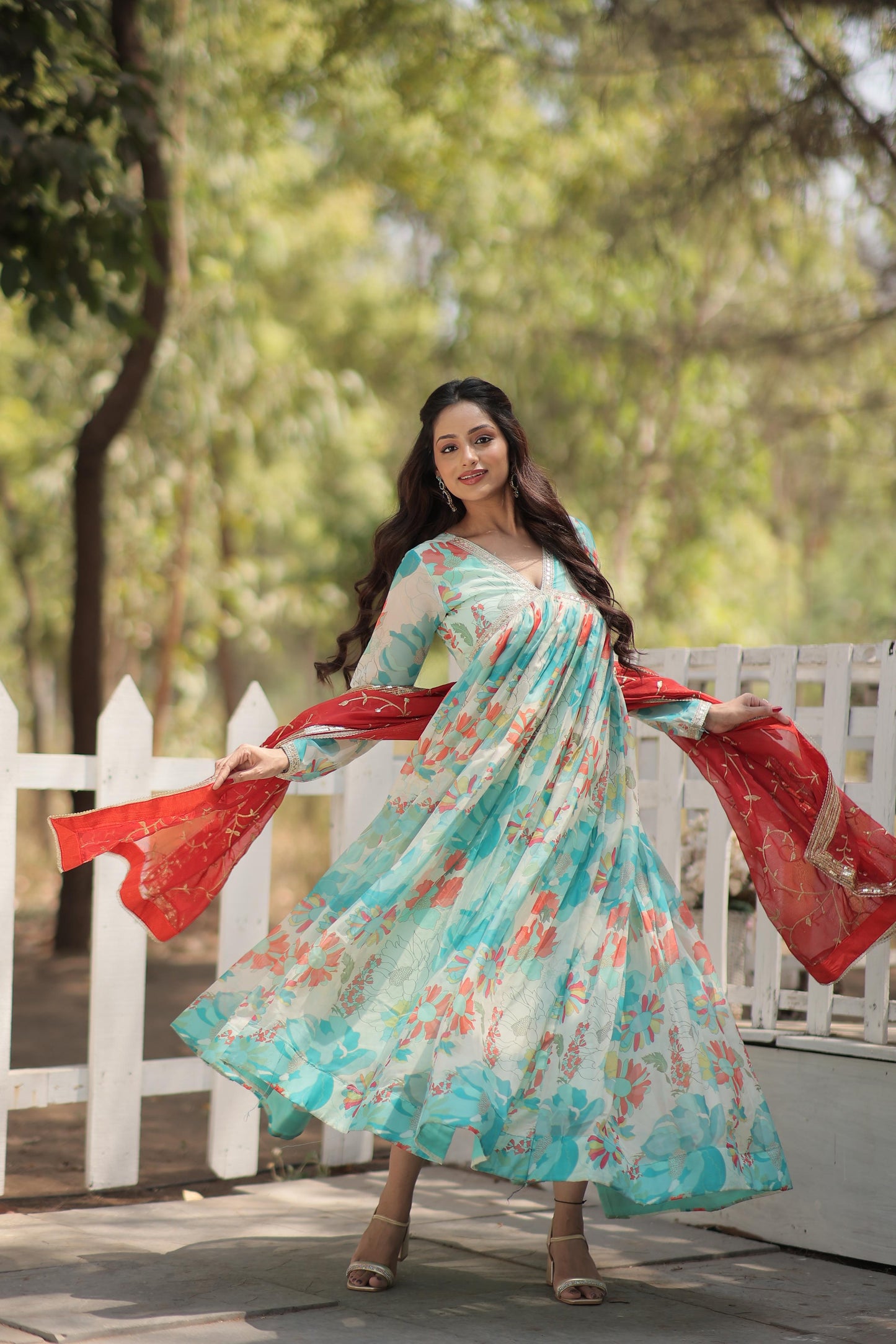 Flower Digital Print Alia Cut Sky Blue Anarkali Gown