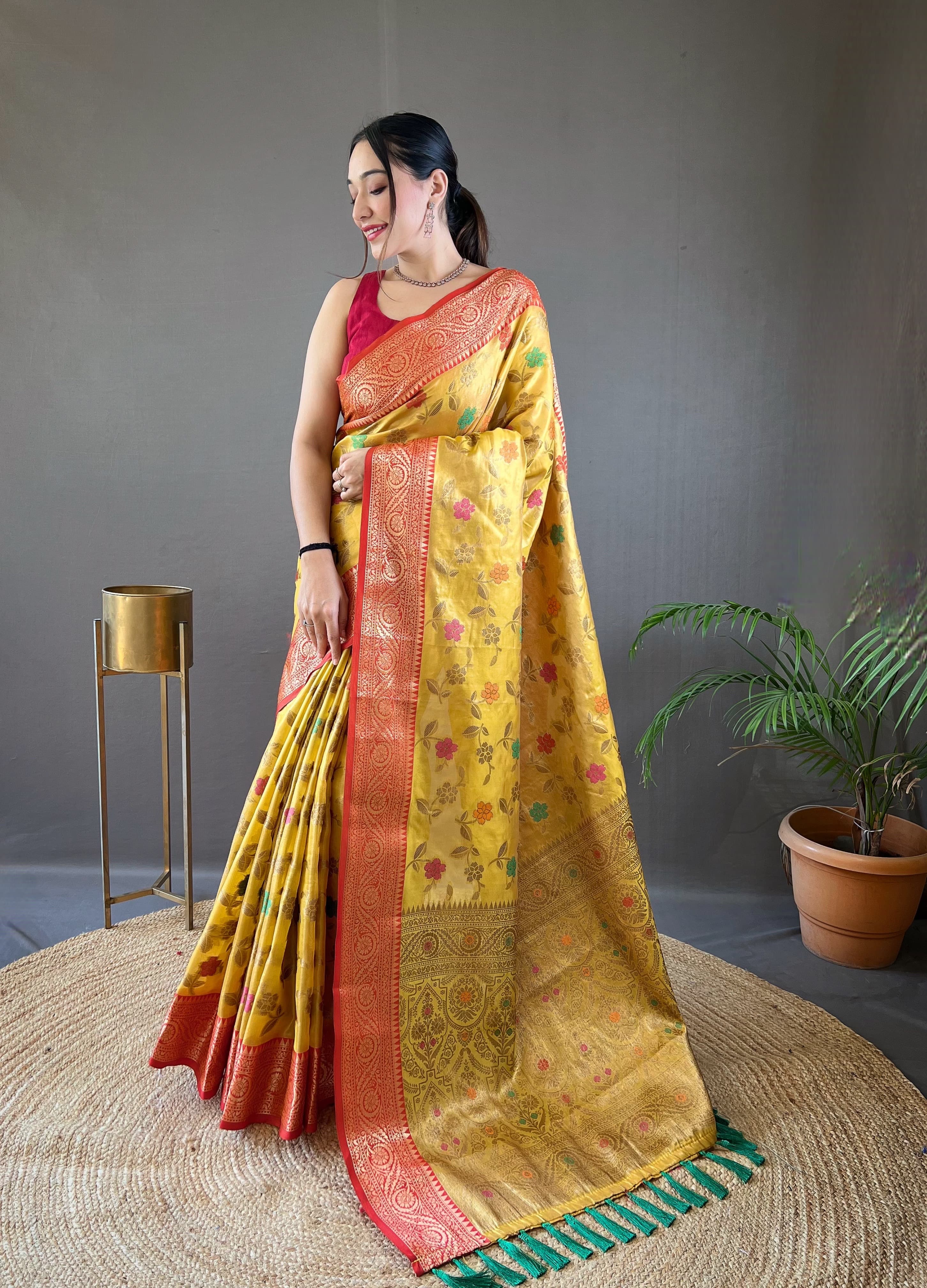 Yellow Color Organza Silk Zari Weaving All Over Saree