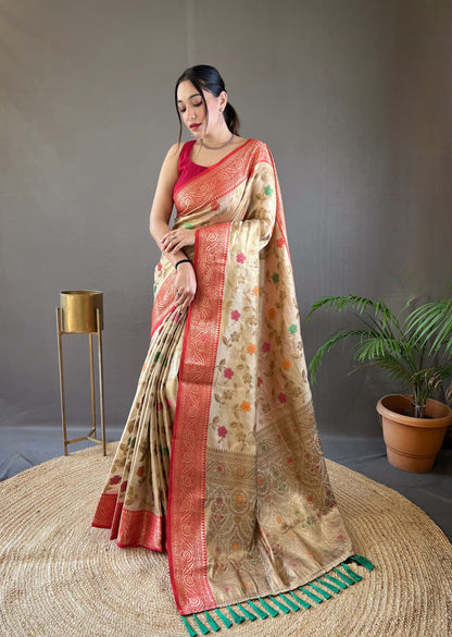 Beige Color Organza Silk Zari Weaving All Over Saree