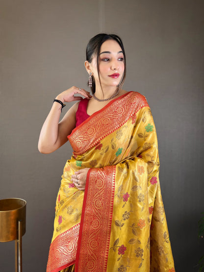 Yellow Color Organza Silk Zari Weaving All Over Saree