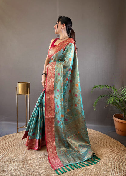 Sky Blue Color Organza Silk Zari Weaving All Over Saree