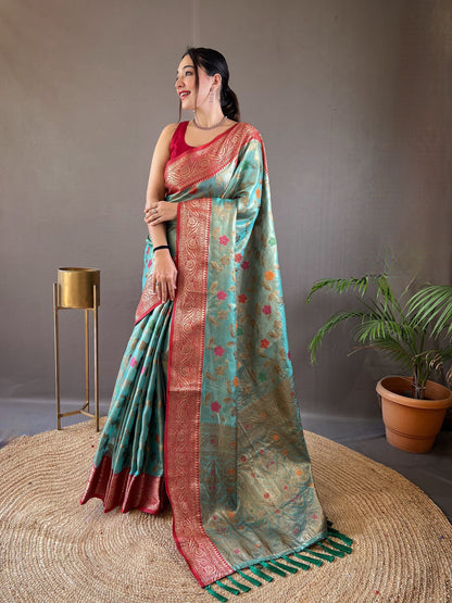 Sky Blue Color Organza Silk Zari Weaving All Over Saree