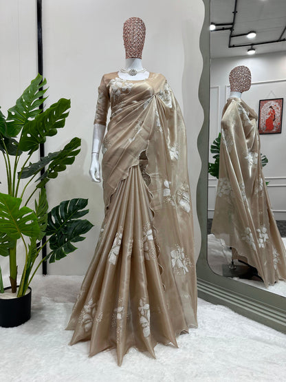 Beautiful Sequence Work Beige Color Wedding Saree