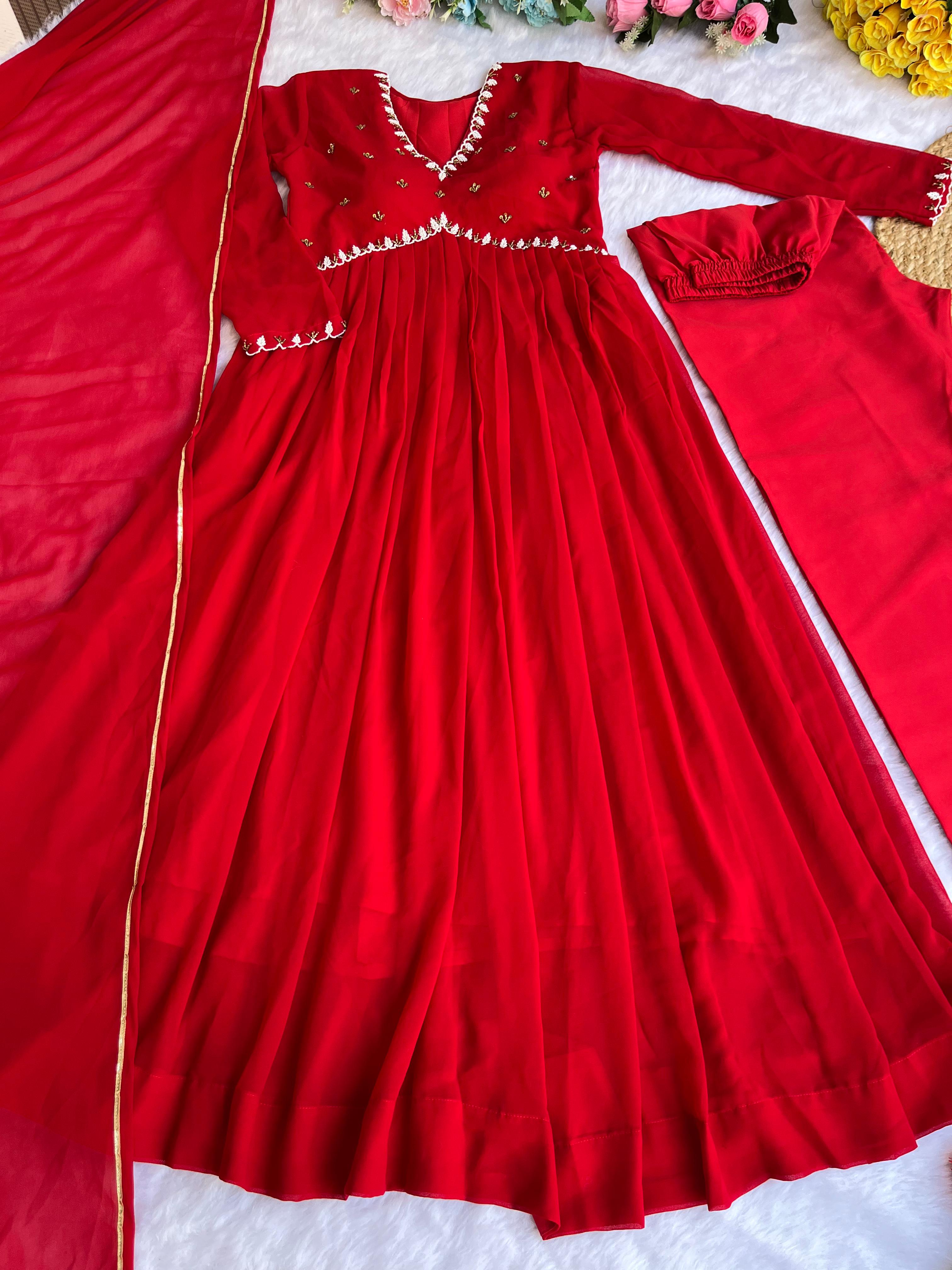 Attractive Red Color Hand Work Georgette Anarkali Suit